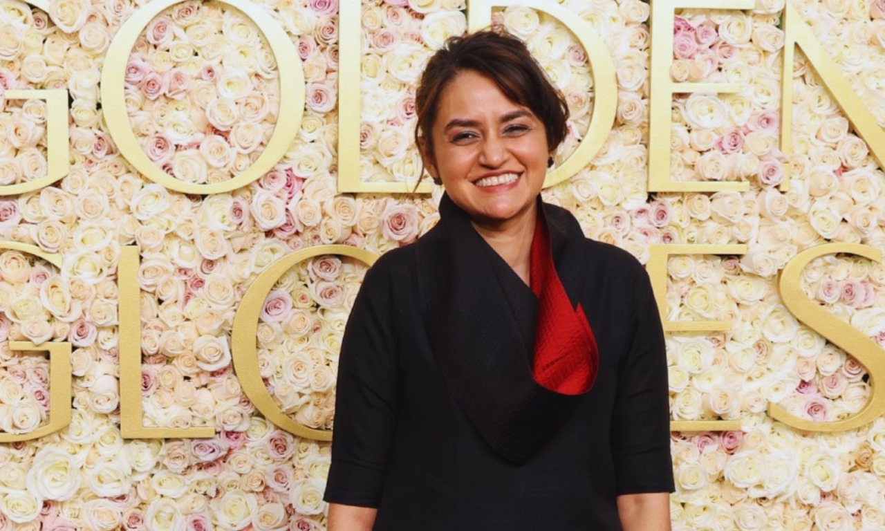 Payal Kapadia Stuns at the Golden Globes Red Carpet in a Striking Black and Red Look